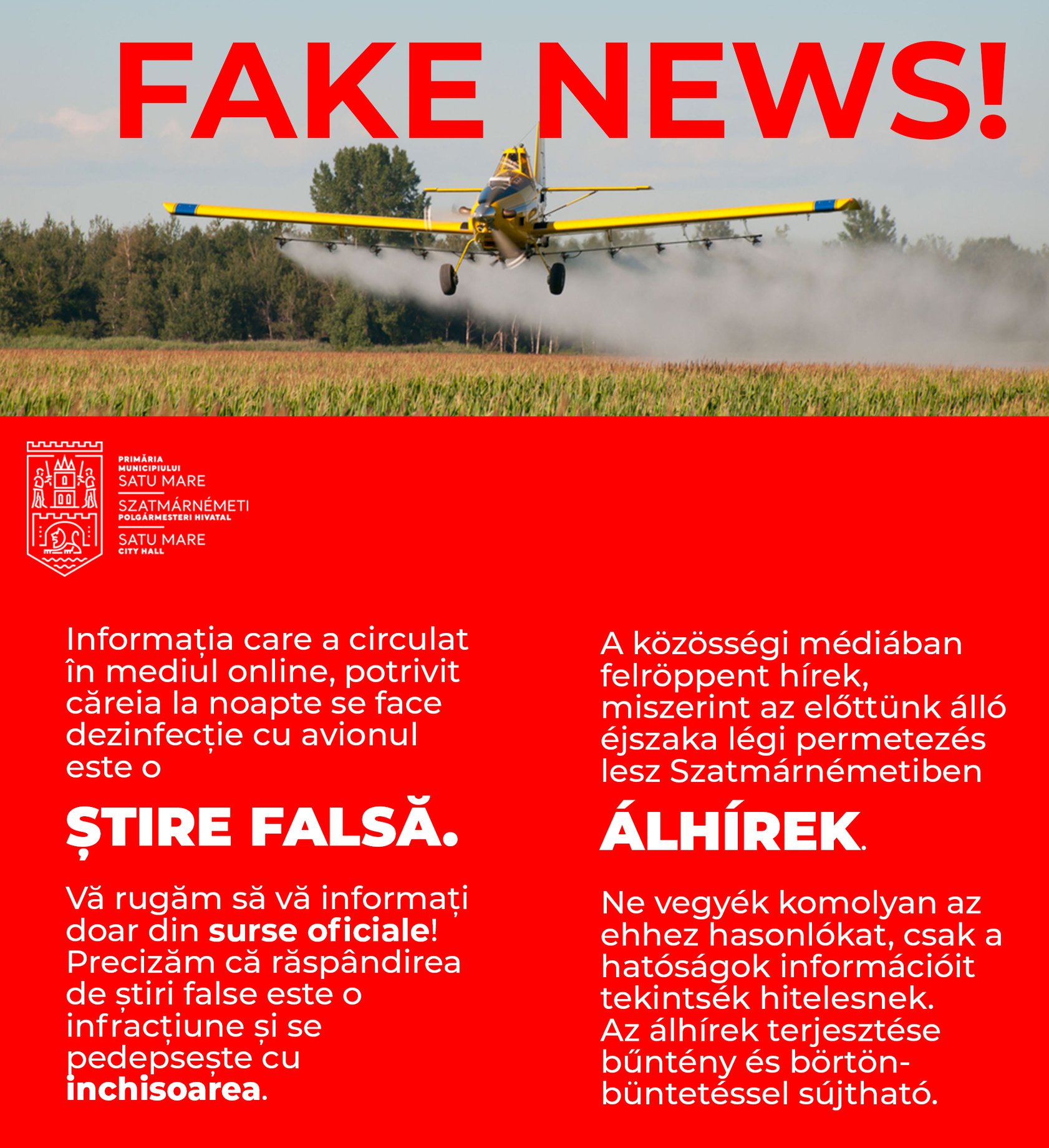 FAKE NEWS în numele Primăriei Satu Mare. Dezinfecția cu avionul este o știre falsă
