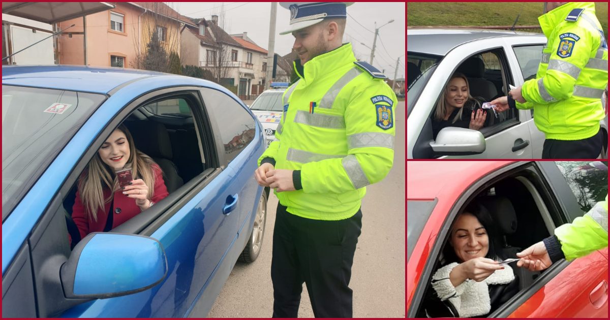 FOTO. Soferițele din Satu Mare, trase pe dreapta de polițiști. Au primit mărțișoare speciale, cu mesaje de suflet