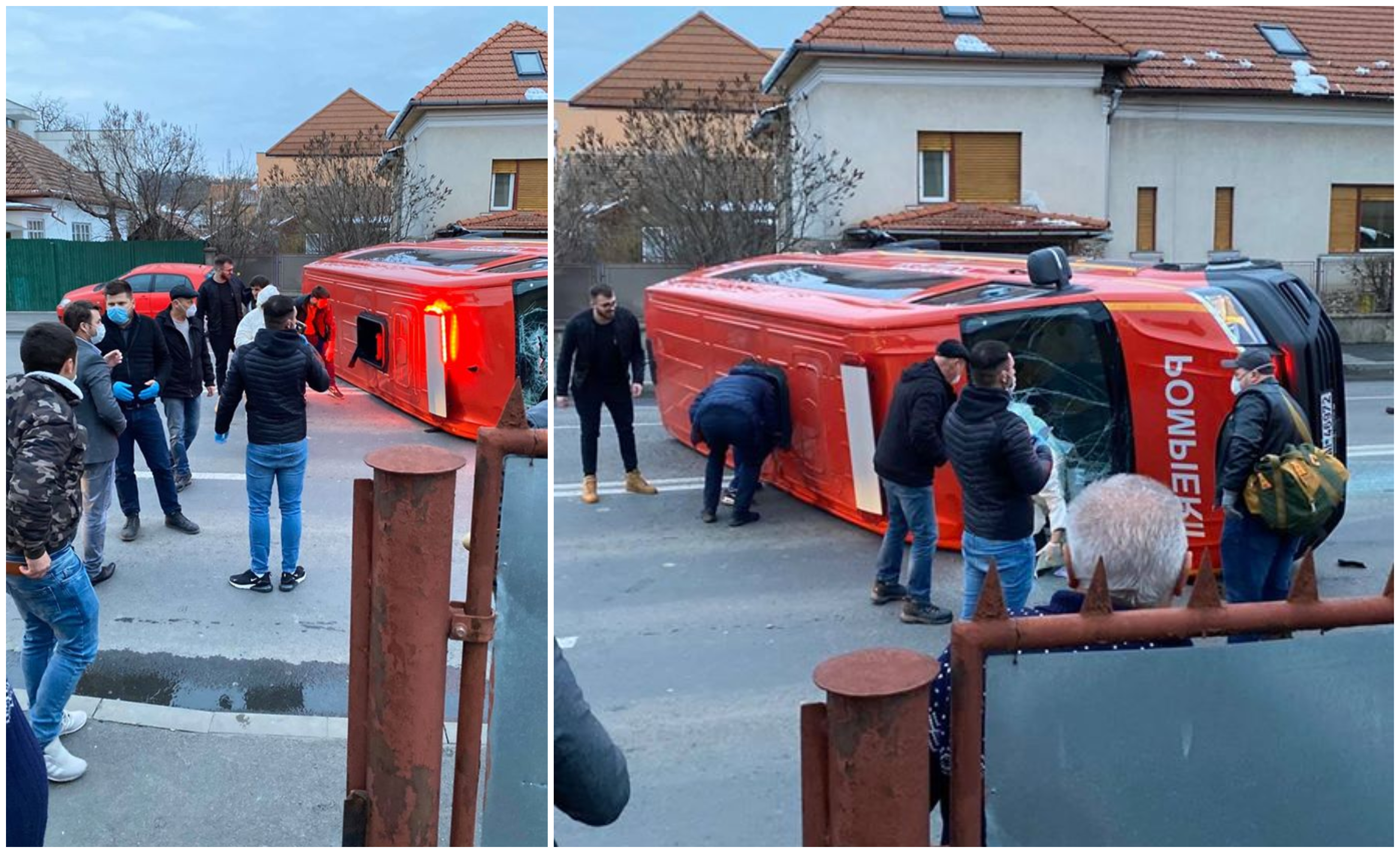 FOTOGALERIE. Microbuz al pompierilor, care transporta persoane spre carantină, s-a răsturnat