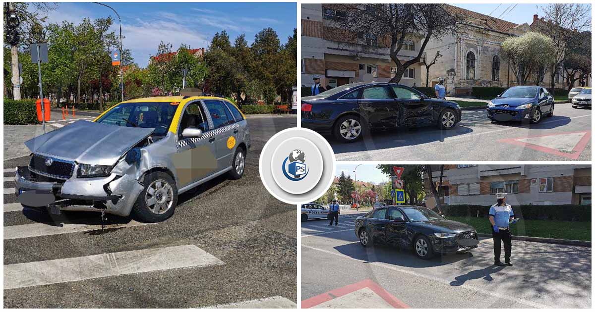 FOTO. Accident în lanț în centrul vechi al Sătmarului. Impact între trei mașini