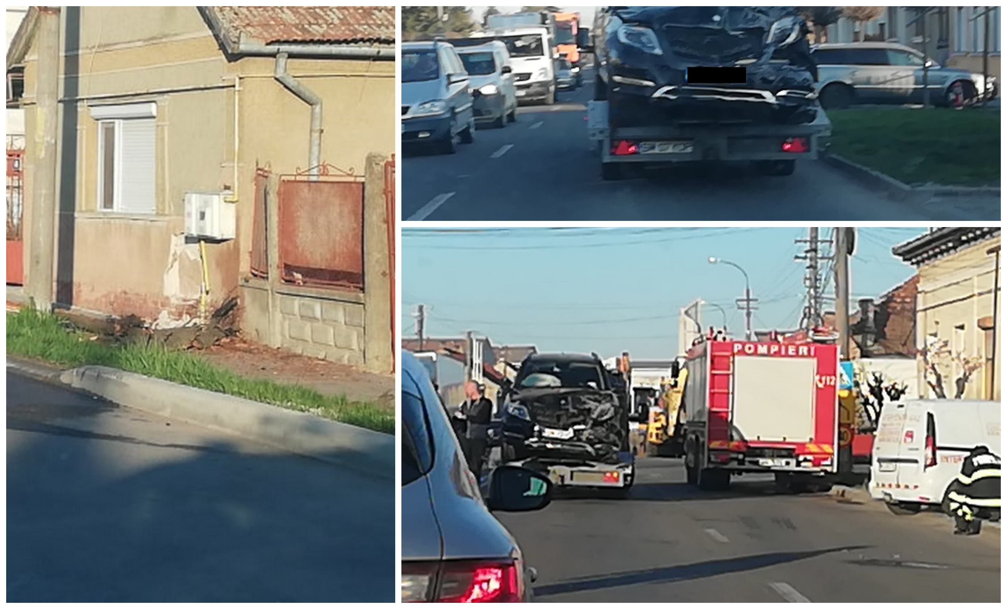 FOTOGALERIE. O șoferiță a intrat cu mașina într-o casă la Carei! Pericol de explozie!