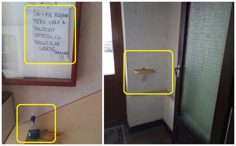 FOTO. Dezinfectant înlocuit cu soluție de curățat pardoseala la Carei. Alții fură, pur și simplu