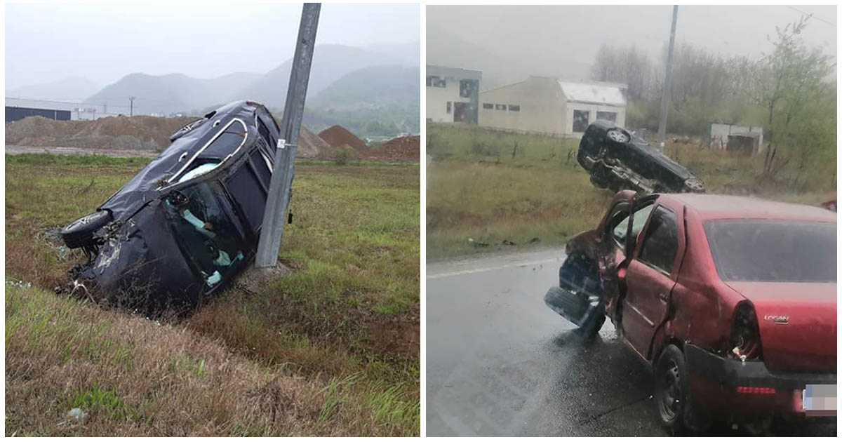 FOTOGALERIE. Mercedes răsturnat în șanț, oprit în stâlp. Dacia Logan ”șifonată” bine