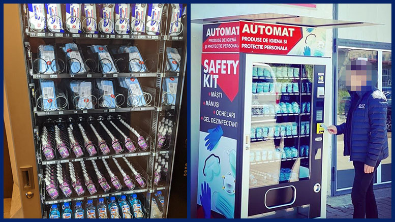 FOTO. Măști, mănuși și spirt în loc de sucuri, dulciuri și snacks-uri. Automatele safety-kit, tot mai frecvente