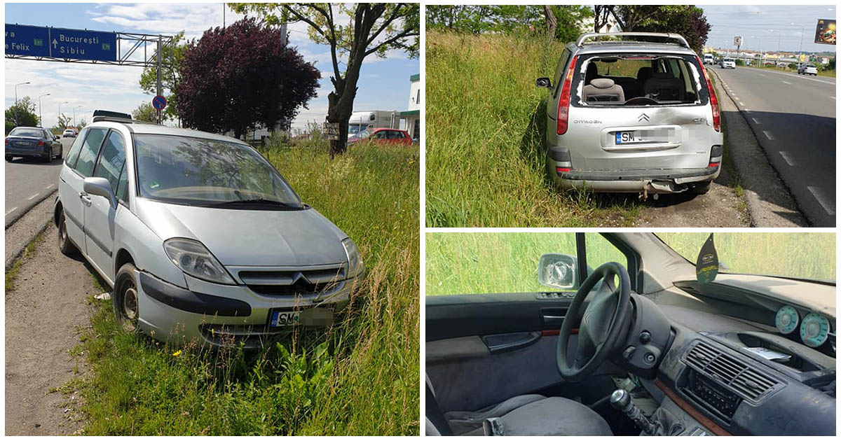 FOTO. DUBIOS. Mașină din Satu Mare distrusă și abandonată pe un drum din județul Bihor