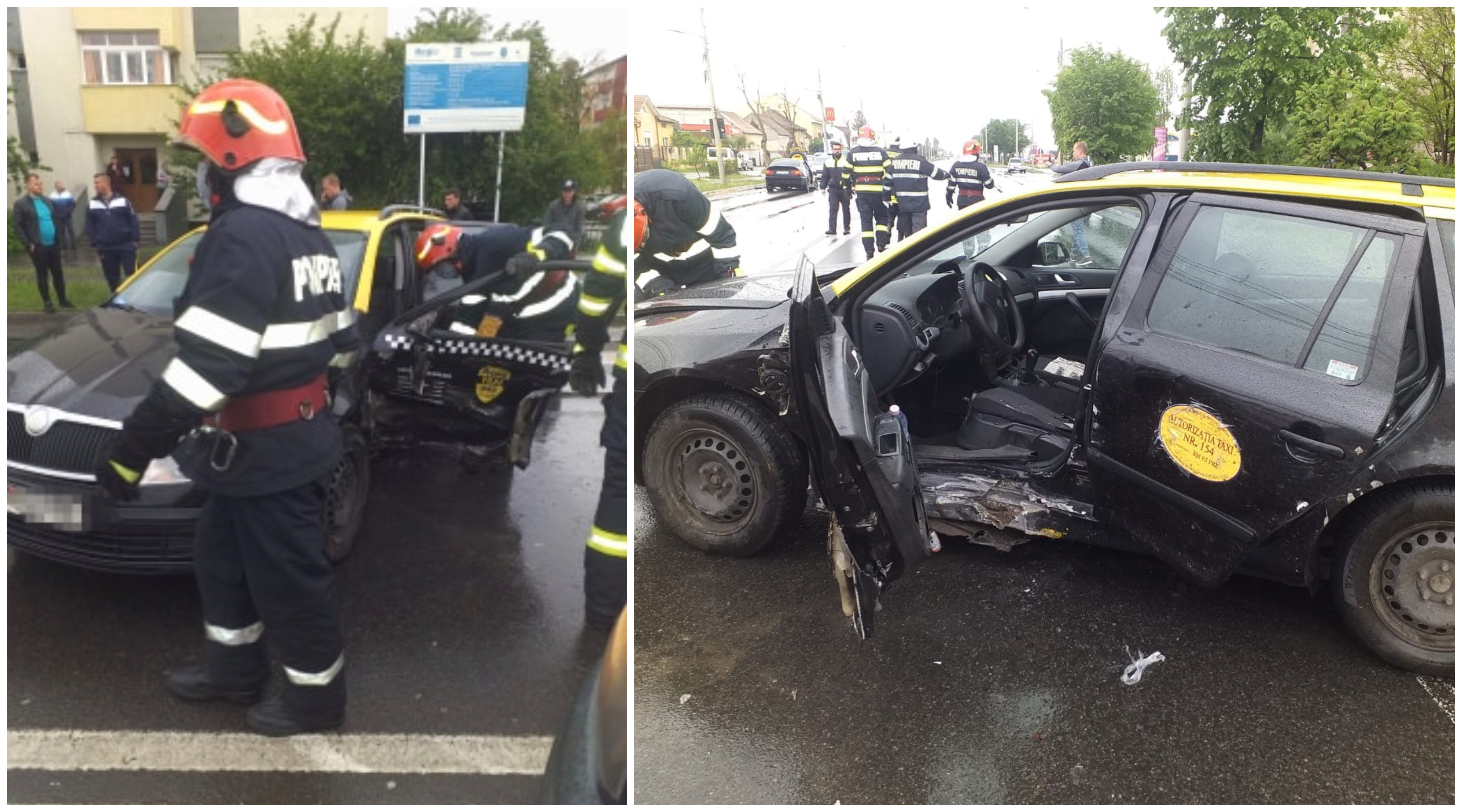 FOTOGALERIE. Taximetrist încarcerat după un accident, salvat de pompieri în Satu Mare