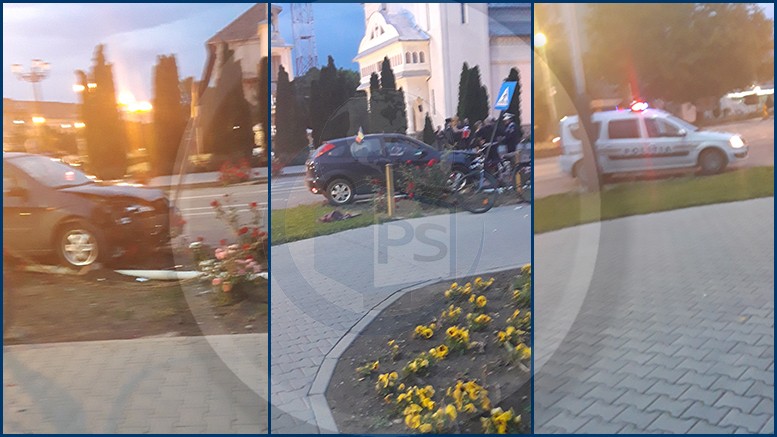 FOTOGALERIE. Un tânăr a ieșit cu mașina din sens, dar s-a oprit în stâlp