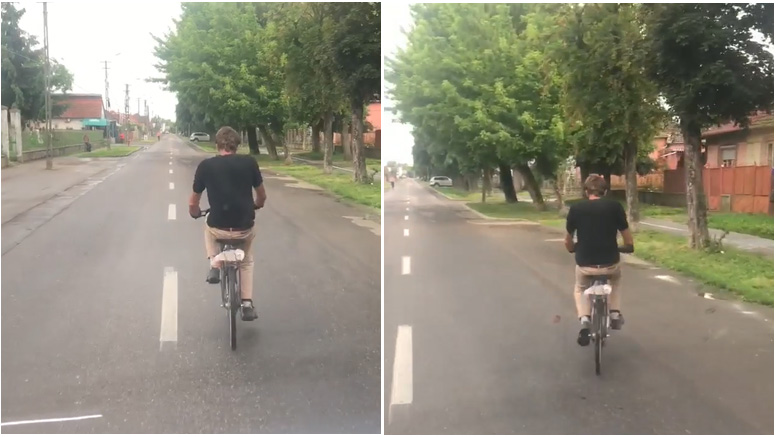 VIDEO. Biciclist „kamikaze” pe străzile din Carei. Șerpuiește pe șosea, inclusiv pe contrasens