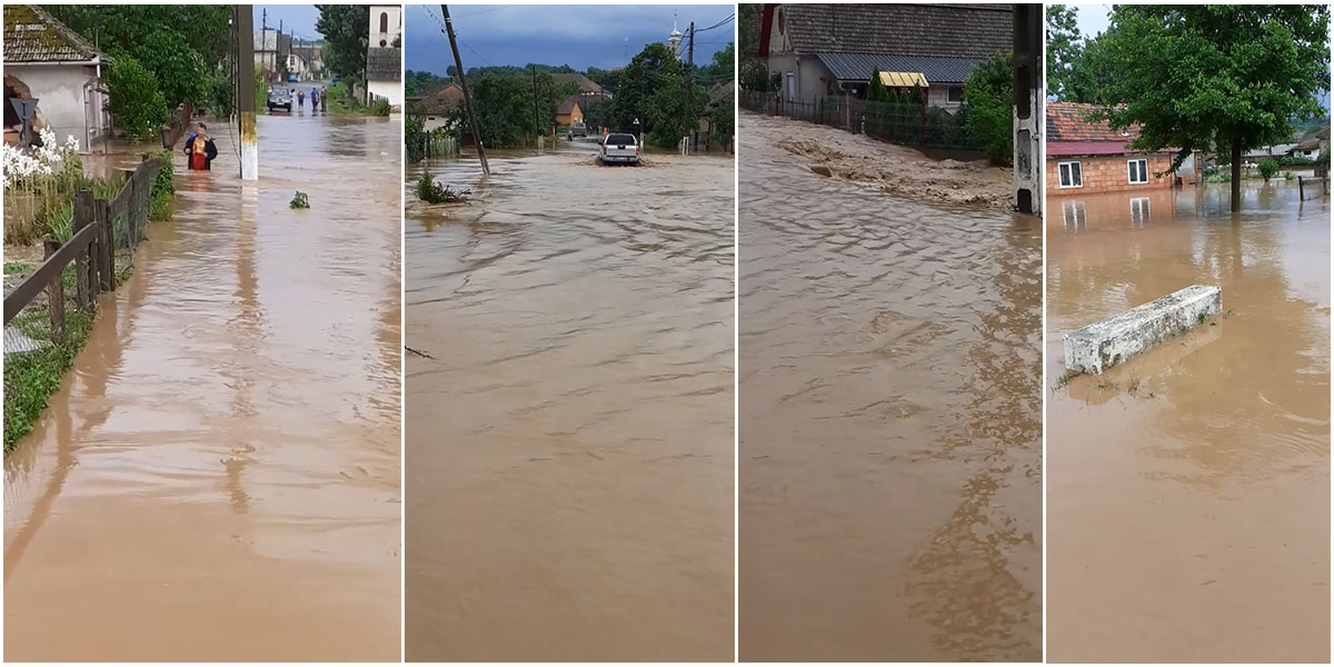 FOTO/VIDEO. O comună din județ a ajuns sub apă! ”Râu” pe șosele, case inundate
