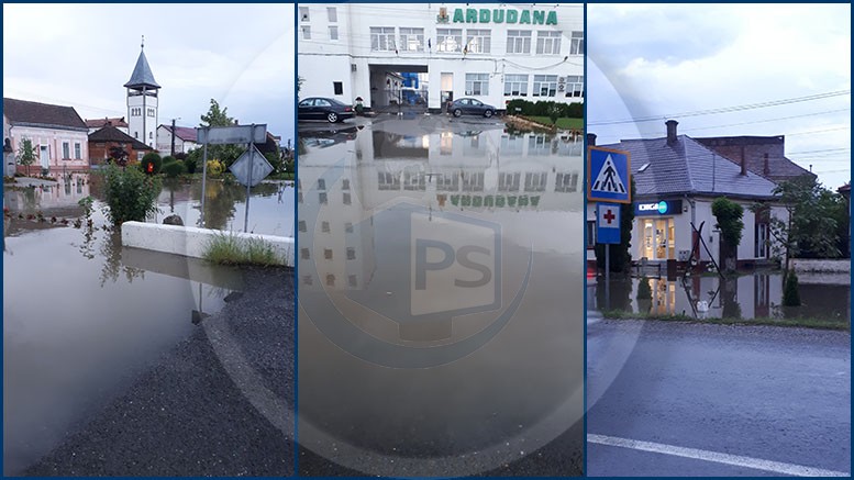 FOTO. Inundații în Ardud. Furtuna a acoperit cu apă zona centrală a orașului
