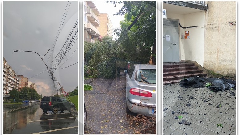 FOTO. Furtună la Satu Mare: Bucăți de acoperiș smulse de vânt, stâlp care stă să pice, copac căzut