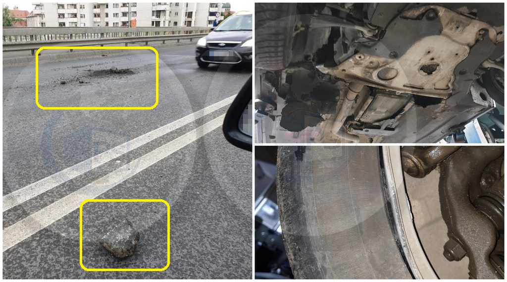 FOTO. Prima mașină, victimă a gropilor de pe Podul Decebal: 10.000 lei pagubă