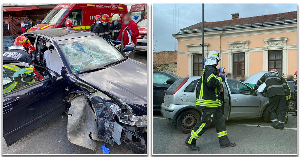 FOTOGALERIE. Accident cu victimă încarcerată, provocat de o șoferiță din Satu Mare