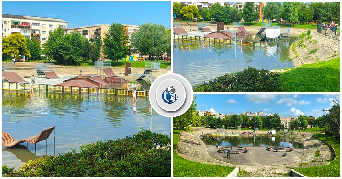 FOTO/VIDEO. Parcul UFO din Micro 17, sub apă! Elevii fac sport în noul ”lac”