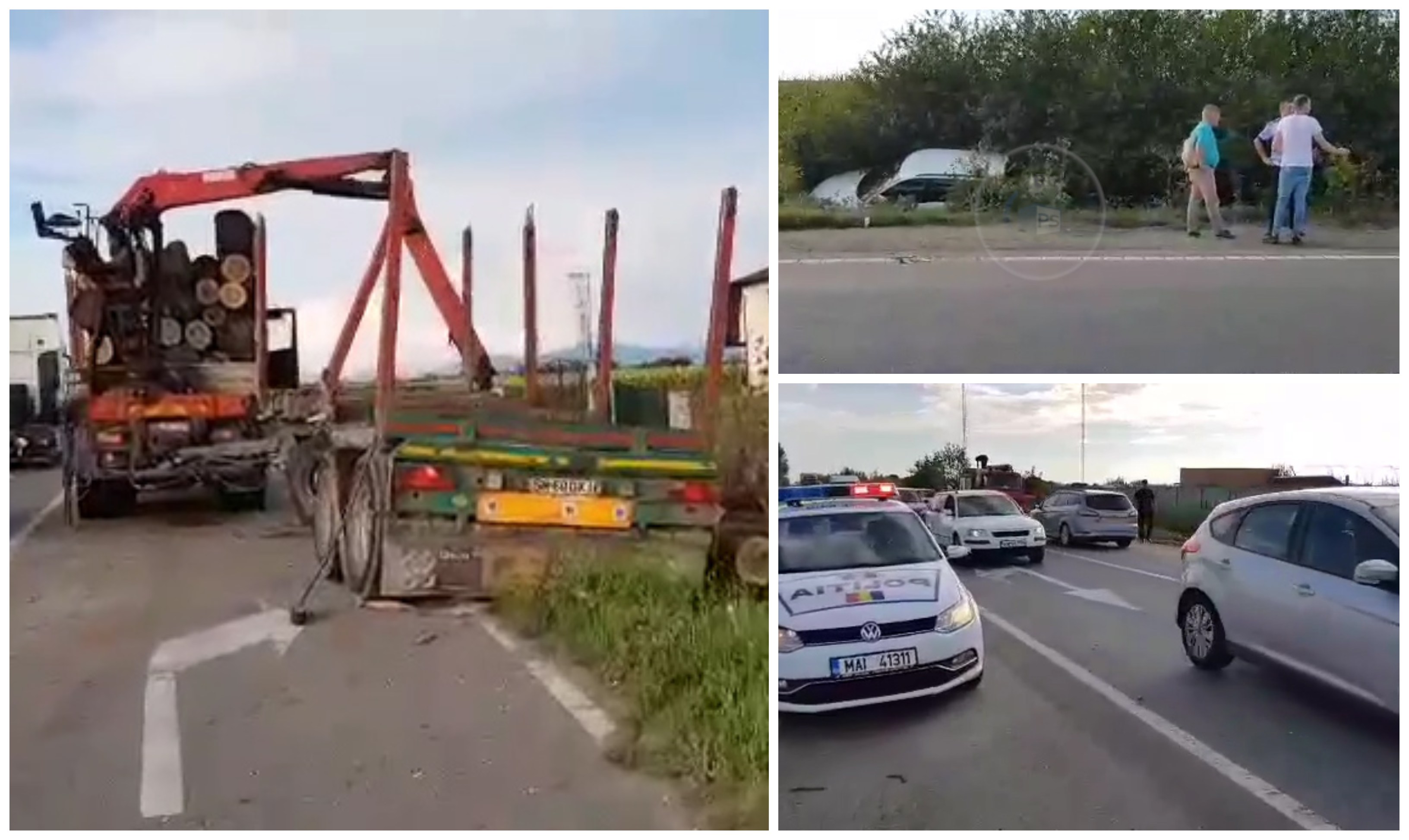 FOTO/VIDEO. Az úttestre zuhantak a farönkök, egy autó az árokba borult