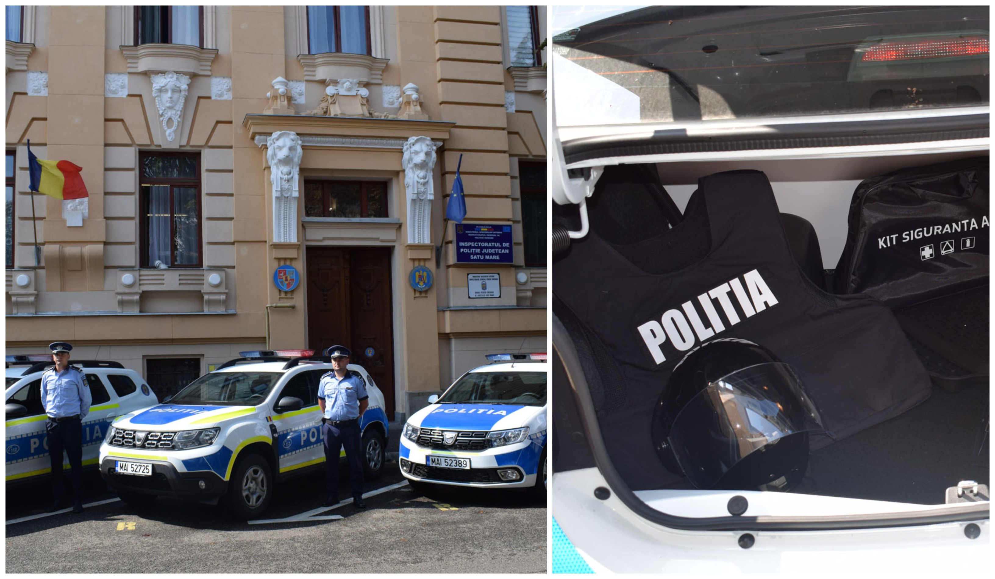FOTO. Mașini noi, veste antiglonț și căști pentru polițiștii din Satu Mare
