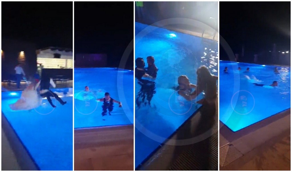 FOTO/VIDEO. Nuntă de pomină în municipiul Satu Mare! Mirii și nuntașii s-au aruncat în piscină
