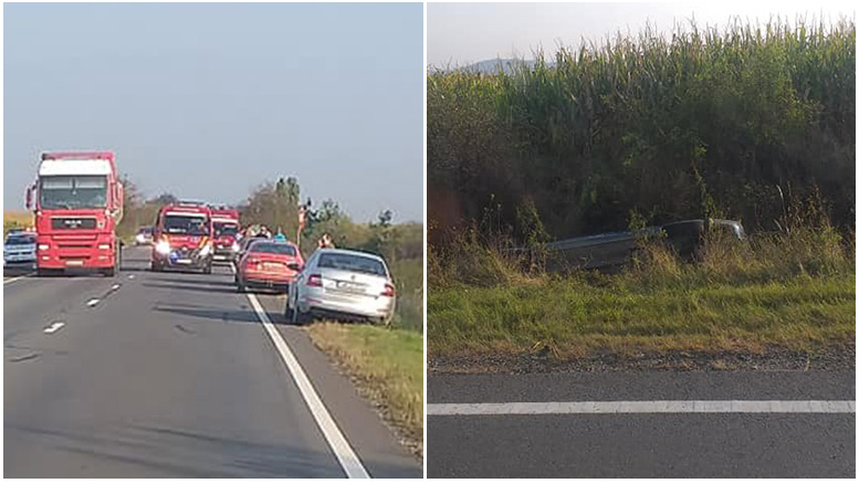 FOTO. Accident la Apa, în județul Satu Mare! Mașină răsturnată în șanț, circulație blocată parțial