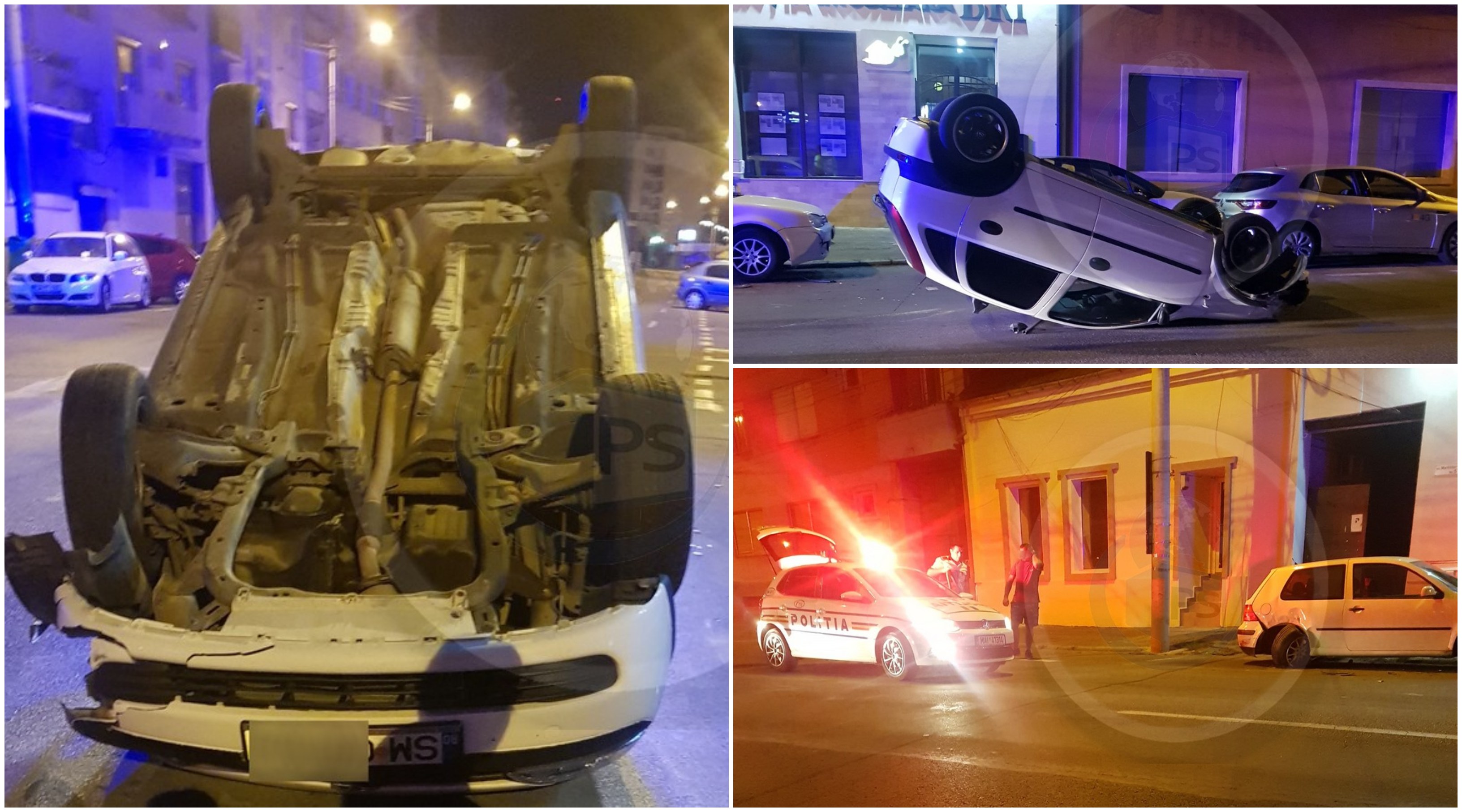 FOTOGALERIE. Accident în lanț centrul Sătmarului. S-a răsturnat cu mașina și a avariat mai multe autoturisme