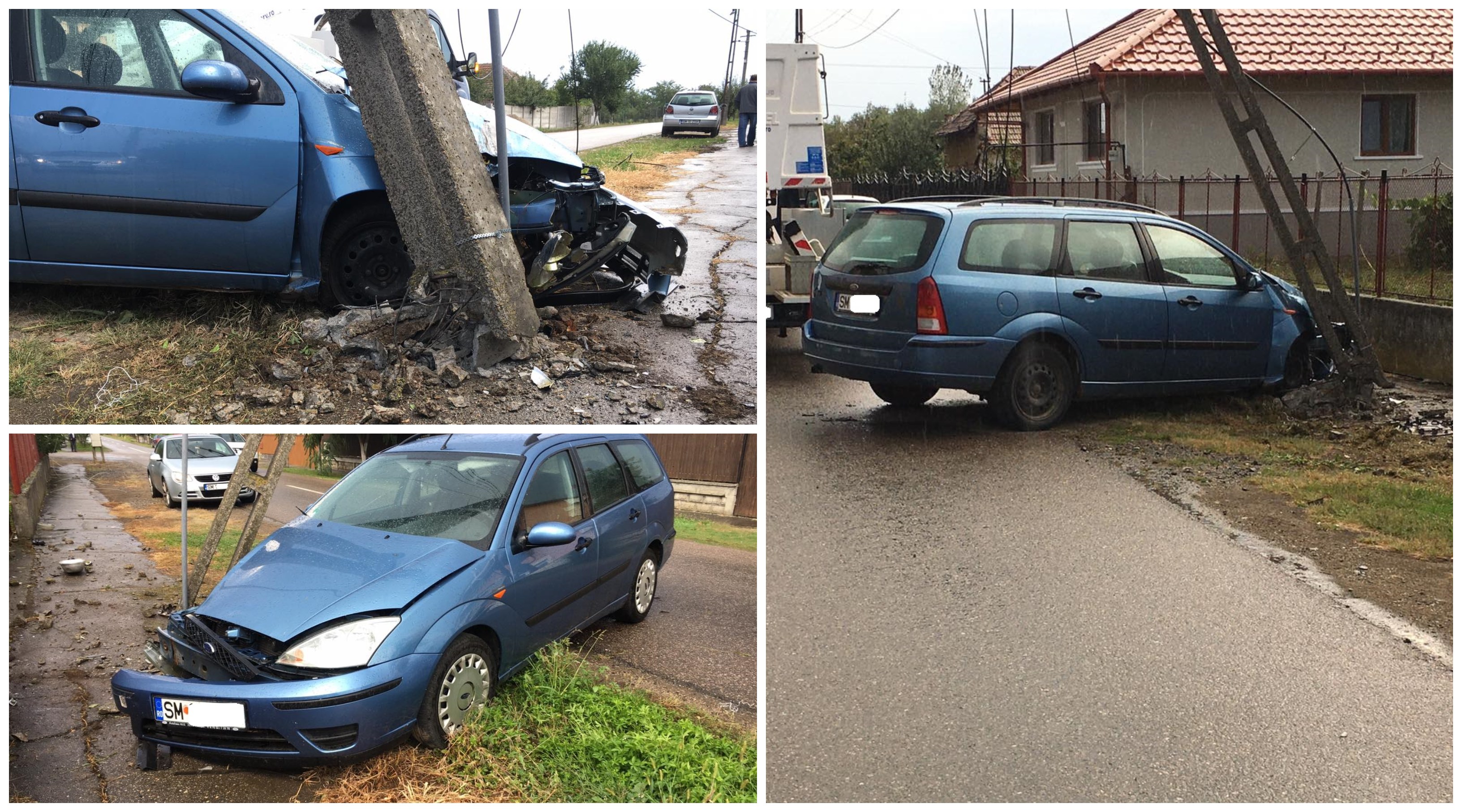 FOTOGALERIE. Minor, fără permis și băut, a spulberat un stâlp cu mașina în Carei