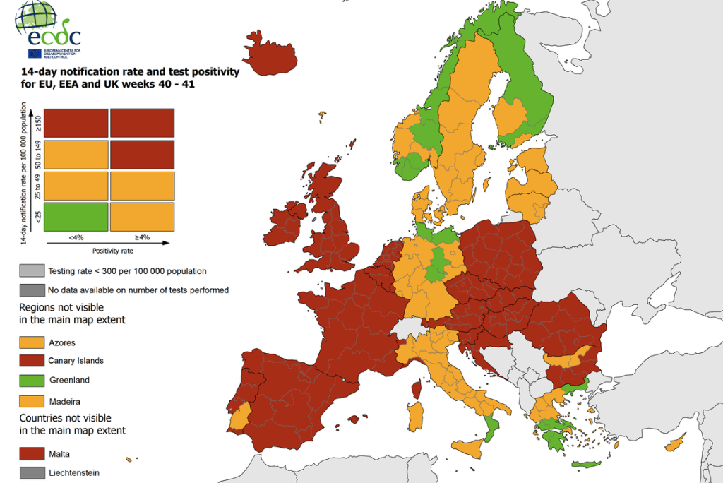 TÉRKÉP. Az EU országainak több mint fele piros besorolás alá esik