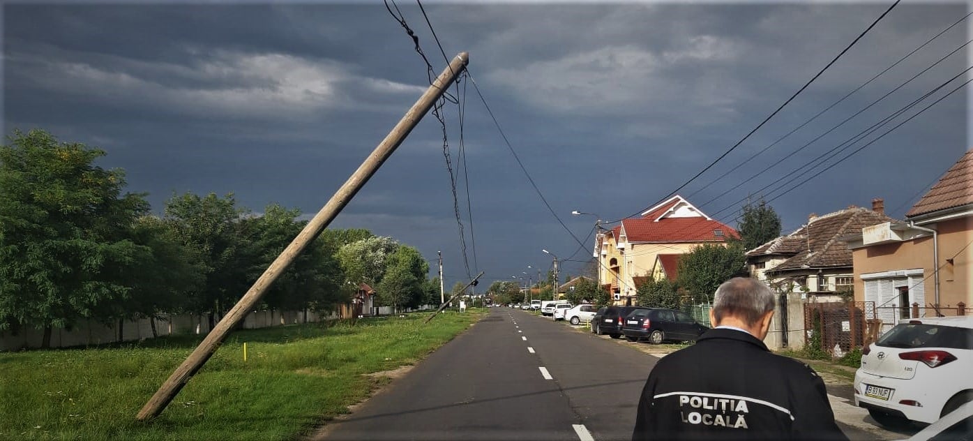 FOTO. Stâlpi rupți de vânt în municipiul Satu Mare. Intervenție de urgență