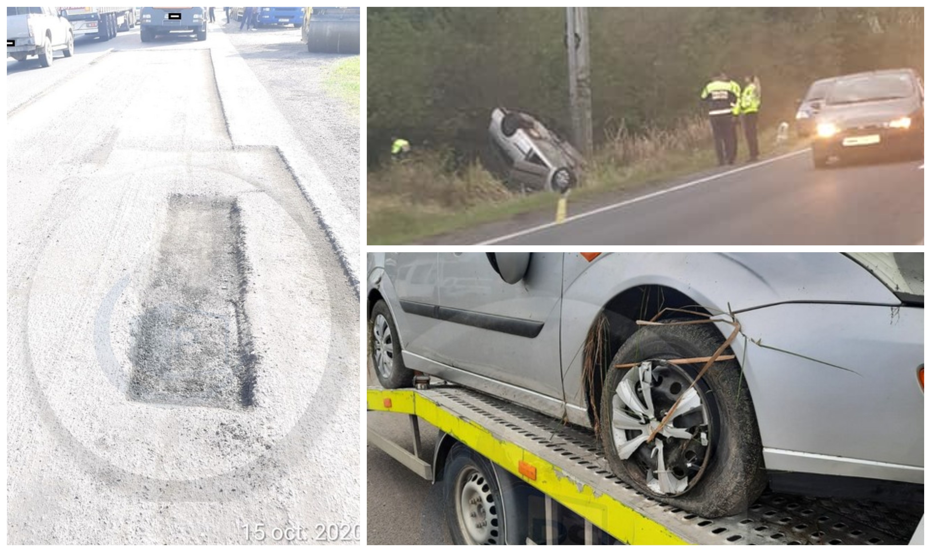 FOTOGALERIE. Un șofer s-a răsturnat cu mașina. Acuză lucrările nesemnalizate de pe șosea