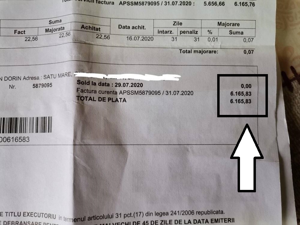 FOTO. Gafă uriașă a Apaserv. Un sătmărean s-a trezit cu o factură uriașă la apă