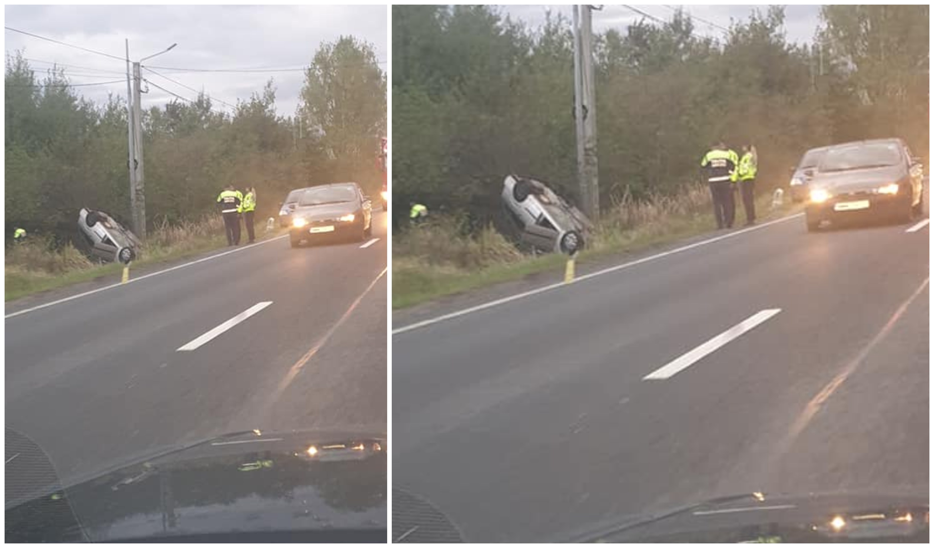 FOTO. Un sătmărean s-a răsturnat cu mașina. A vrut să evite o groapă, dar a ajuns în șanț