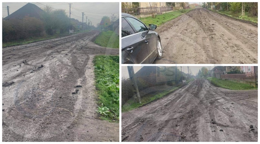 FOTOGALERIE. Unic în județul Satu Mare! Asfalt acoperit în întregime cu noroi