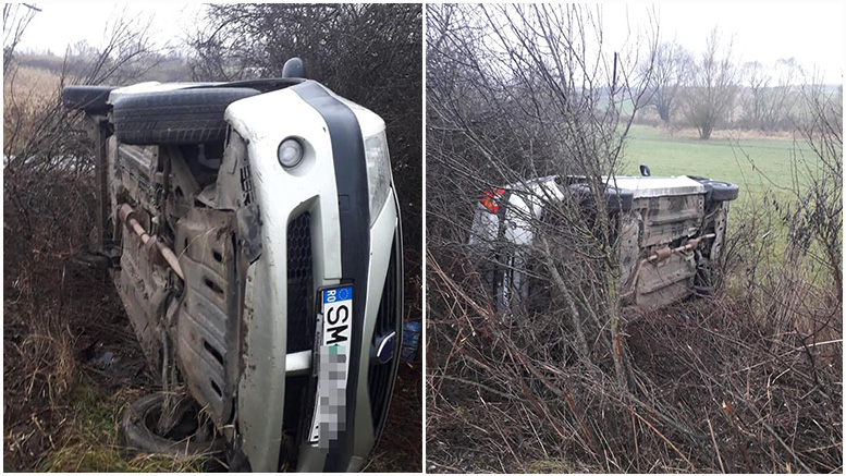 FOTOGALERIE. Mașină cu numere de Satu Mare, răsturnată. Șofer încarcerat