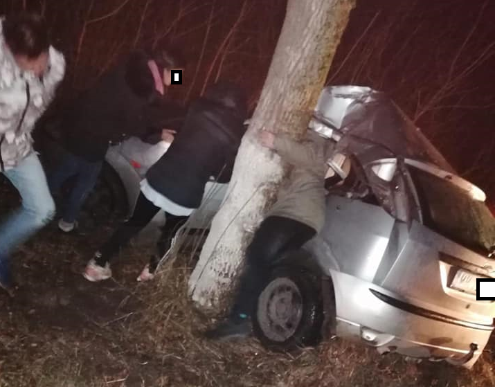 FOTO. Accident grav între Satu Mare și Baia Mare. Șoferiță încarcerată, cu mașina în copac