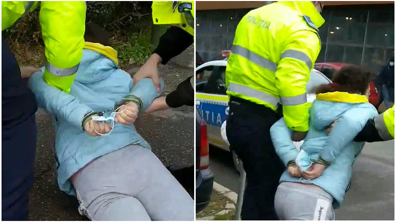 VIDEO. Femeie încătușată de polițiști. Nu purta corect masca și i-a înjurat pe oamenii legii
