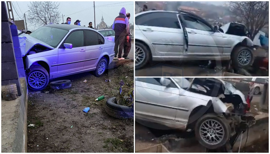 FOTOGALERIE. BMW înfipt într-un gard, la Tășnad. La un pas să intre direct în casă