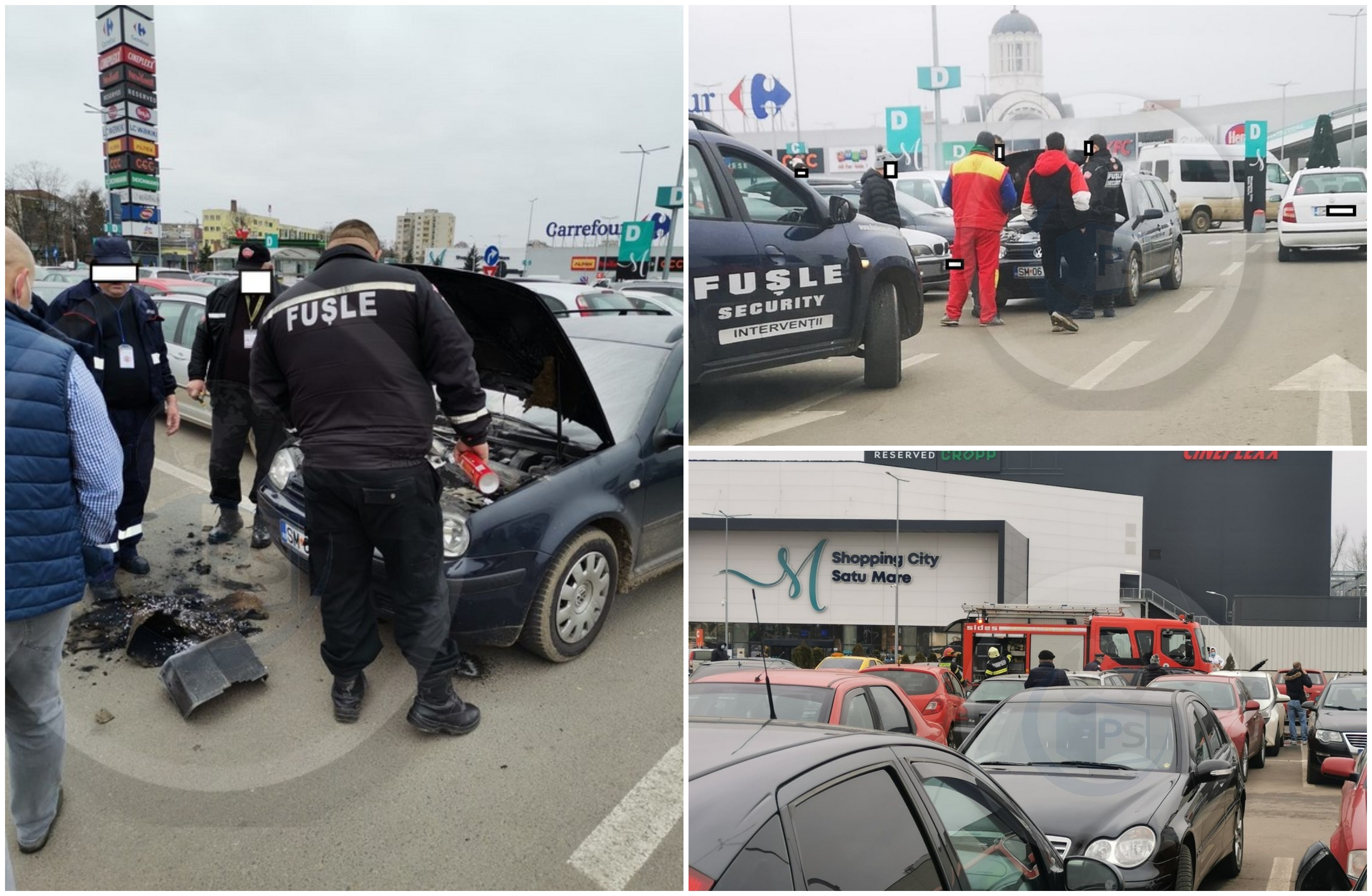 FOTOGALERIE. Incendiu la o mașină, în parcarea mall-ului NEPI din Satu Mare. Pompierii, la fața locului