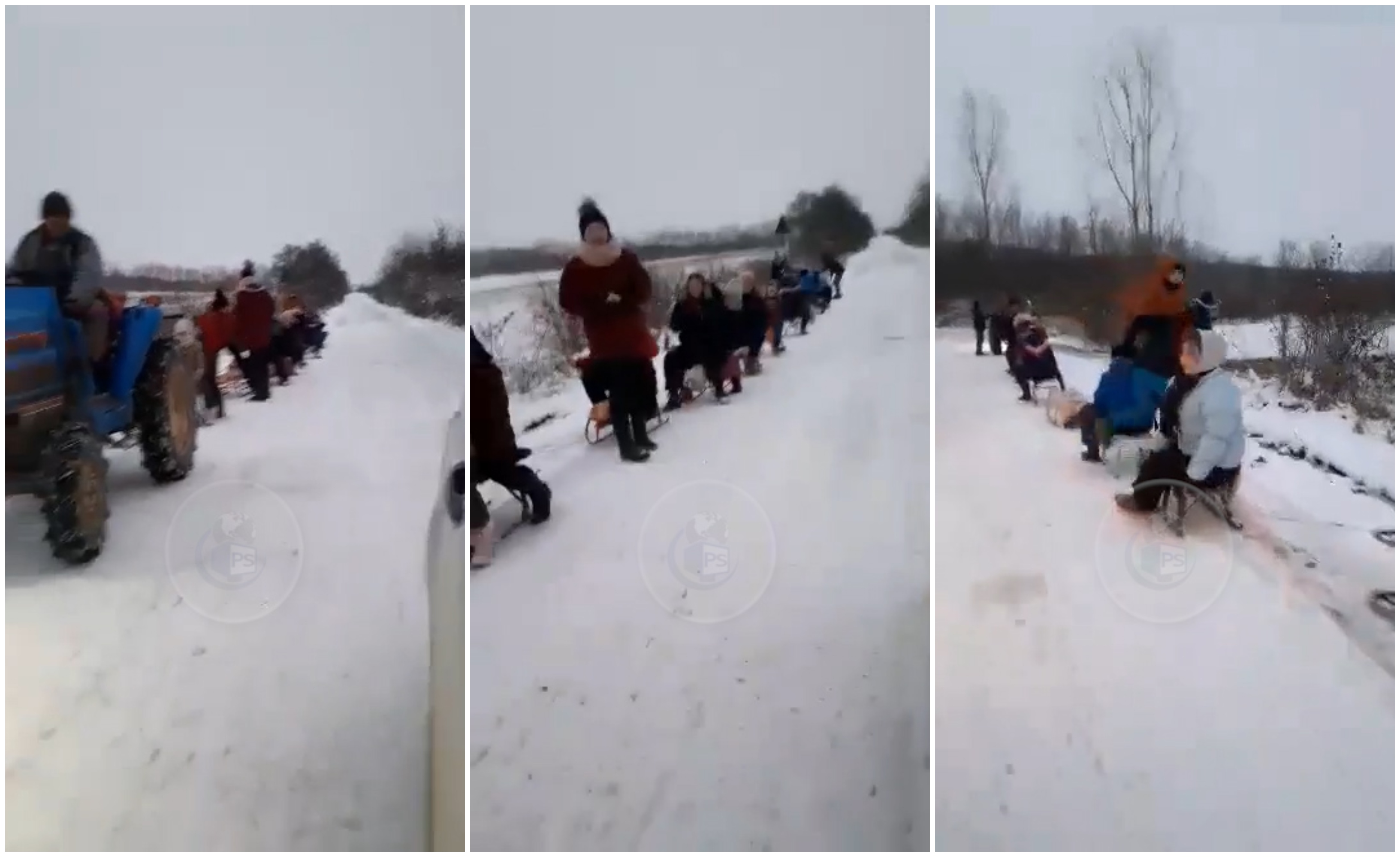 FOTO/VIDEO. 11 sănii cu copii trase de un tractor în județul Satu Mare