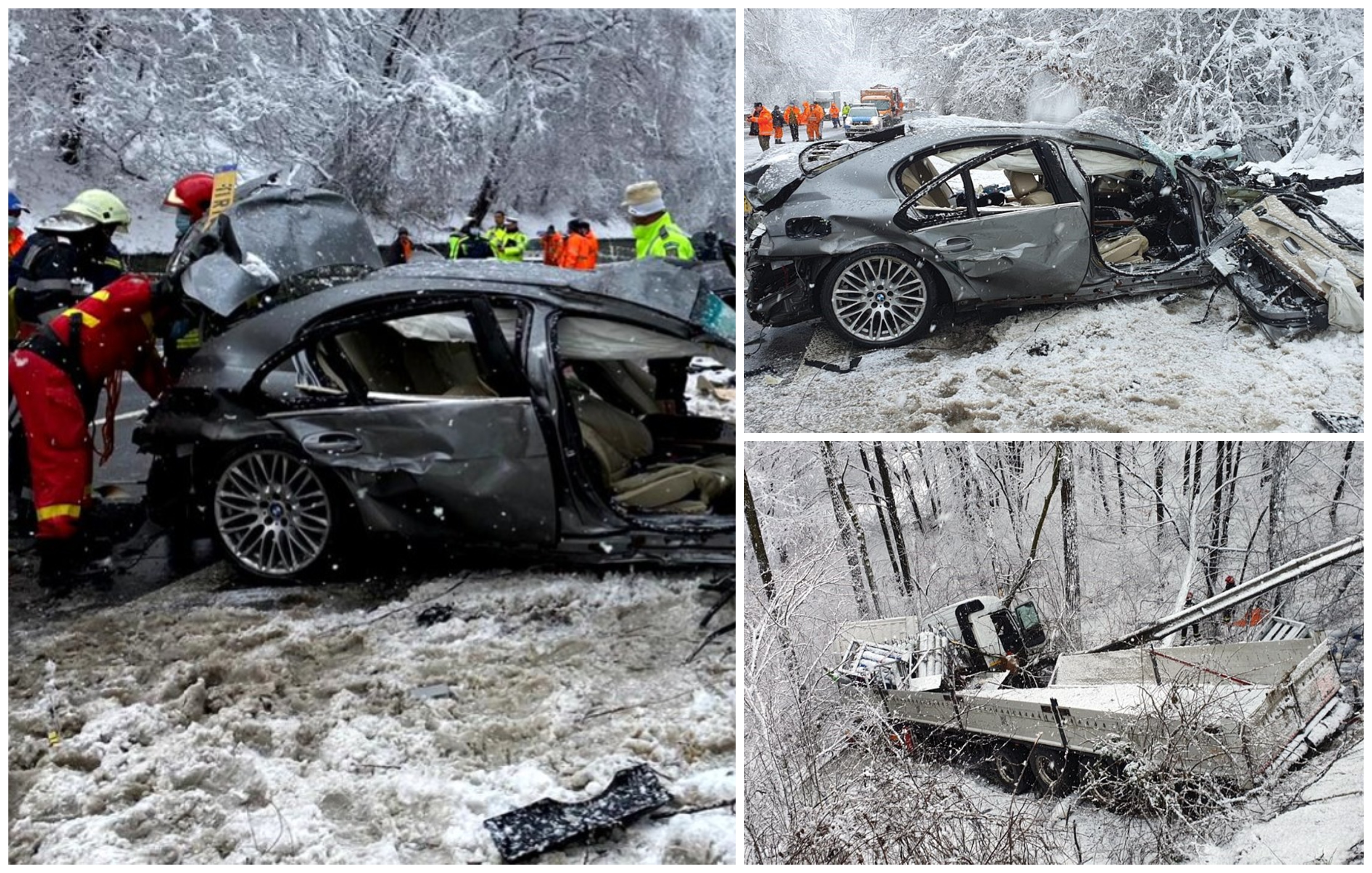FOTO/VIDEO. Trei morți într-un BMW cu volan pe dreapta. Un TIR a ajuns cu butelii, într-o râpă