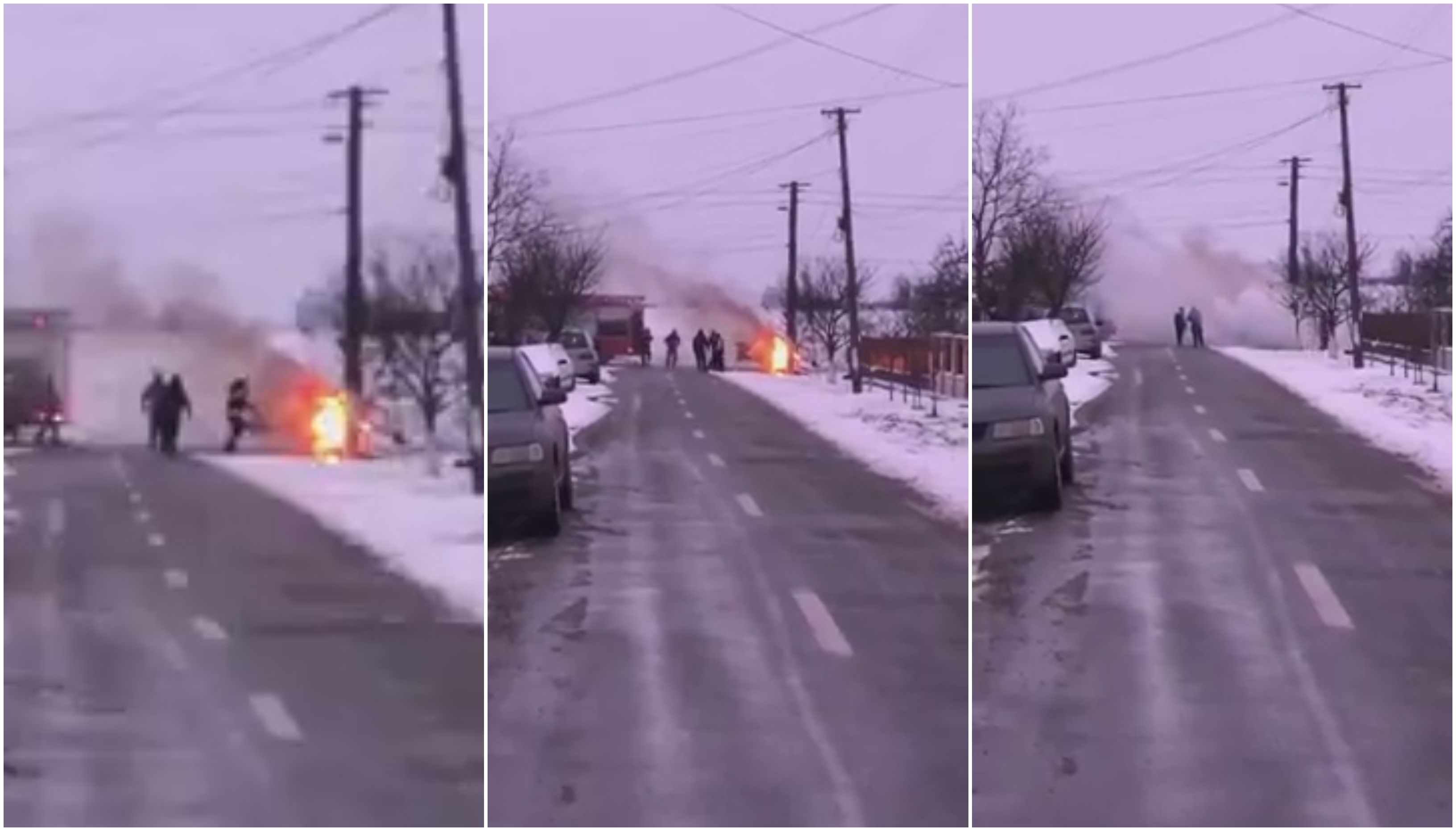 VIDEO. Accident teribil. Mașină în flăcări, după impactul cu un stâlp, la Carei