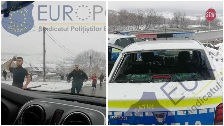 FOTO/VIDEO. Polițiști atacați cu pietre și bote. Mașina le-a fost spartă, au intervenit mascații