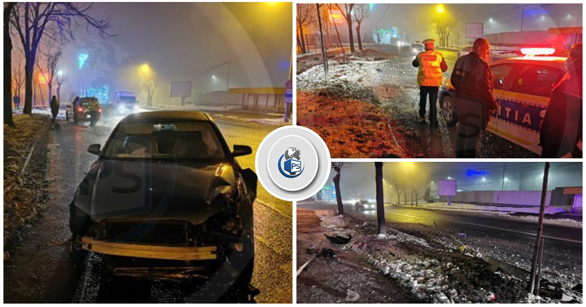 FOTO/VIDEO. Accident pe Drumul Botizului. Un șofer băut a doborât cu Audi-ul un stâlp de iluminat și mai mulți copaci
