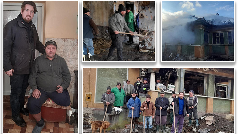 FOTO. Preotul și credincioșii dintr-un sat îl ajută pe un invalid, rămas fără casă după un incendiu