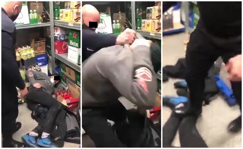 VIDEO. Bărbat suspectat de furt, bătut cu sălbăticie de agenții de pază ai unui supermarket