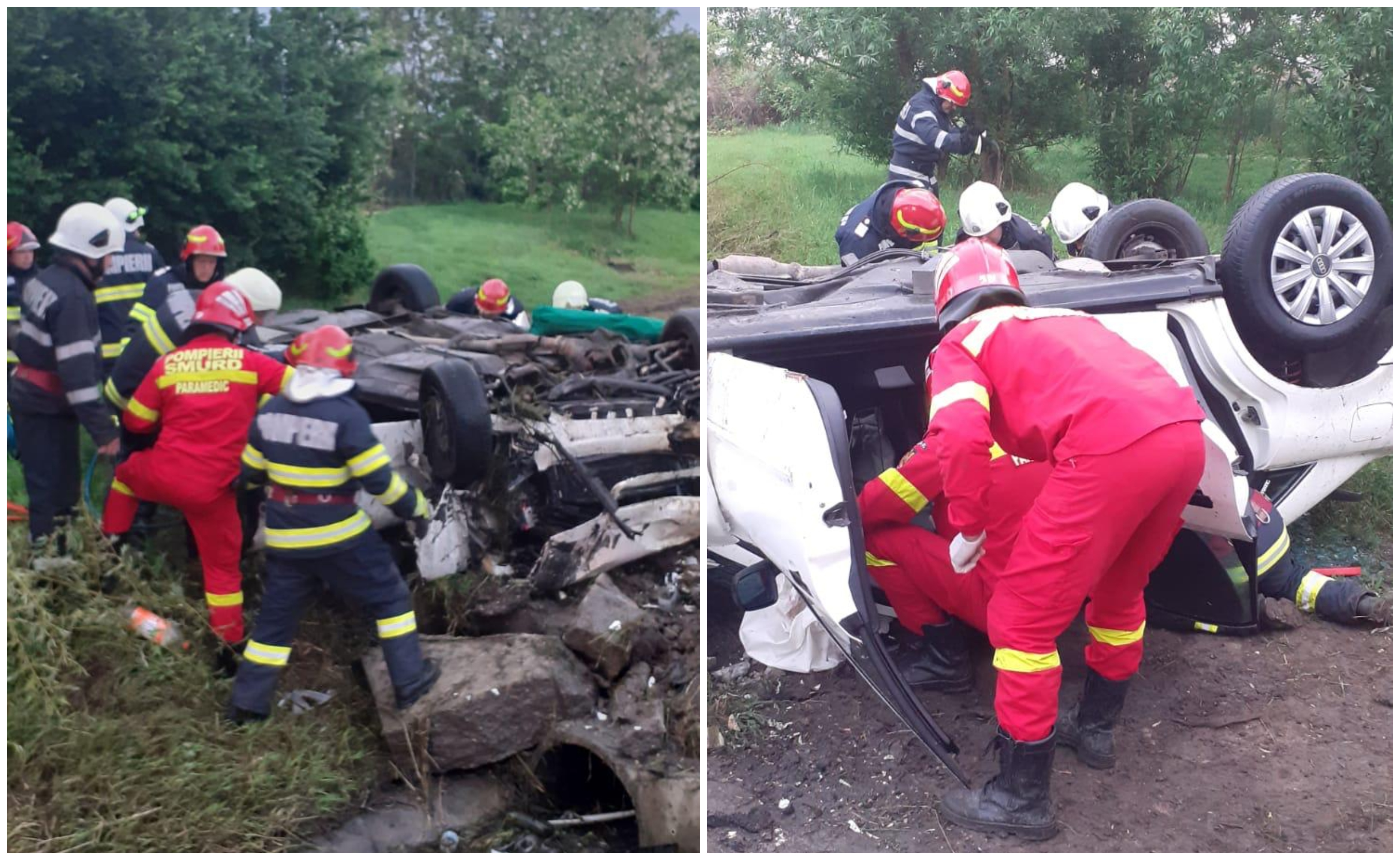 FOTOGALERIE. Accident grav în județul Satu Mare. Un șofer beat s-a răsturnat cu mașina în șanț