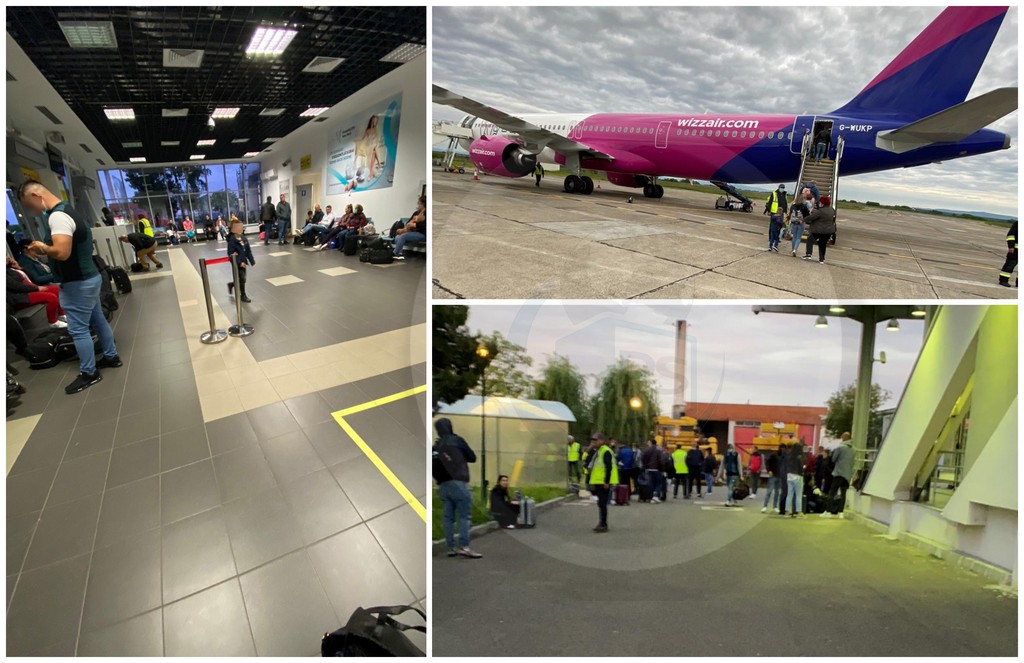 FOTO/VIDEO. Panică și stângăcii în avionul Satu Mare-Londra. Martor: ”S-a simțit miros de combustibil. Am fost evacuați de urgență”