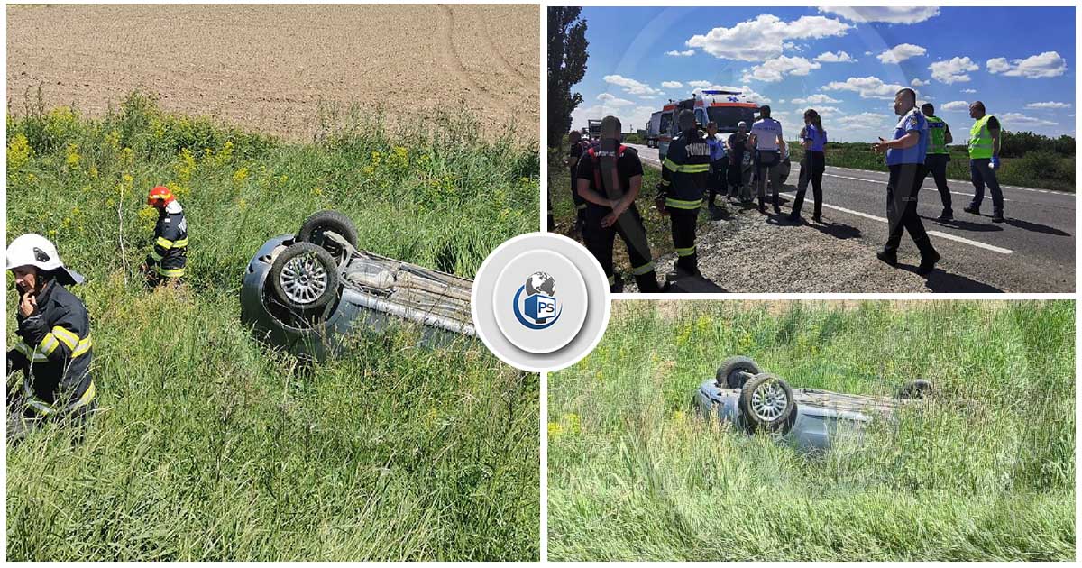 FOTO/VIDEO. Mașina răsturnată în șanț, între Satu Mare și Botiz. 5 persoane implicate
