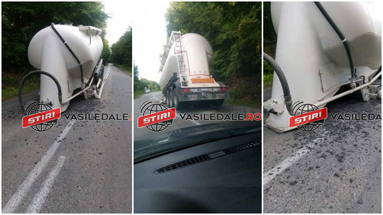 FOTO. Incident neobișnuit în județul vecin. "Și-a pierdut" cisterna cu ciment pe drum