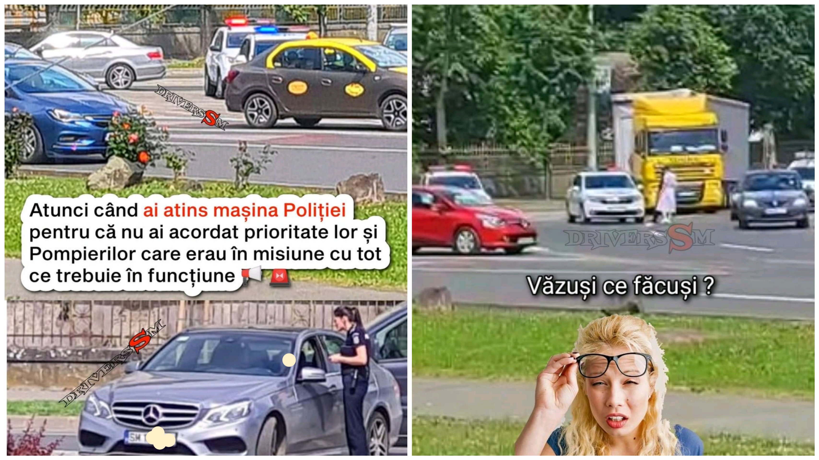 FOTO. Șofer amendat fiindcă a lovit mașina Poliției și nu a dat prioritate pompierilor, în Satu Mare