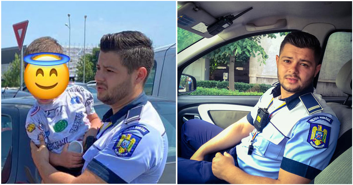FOTO. Și-a lăsat copilul închis în mașină, pe caniculă, cu geamurile abia deschise. Un tânăr polițist l-a scos ud și plângând din autoturism