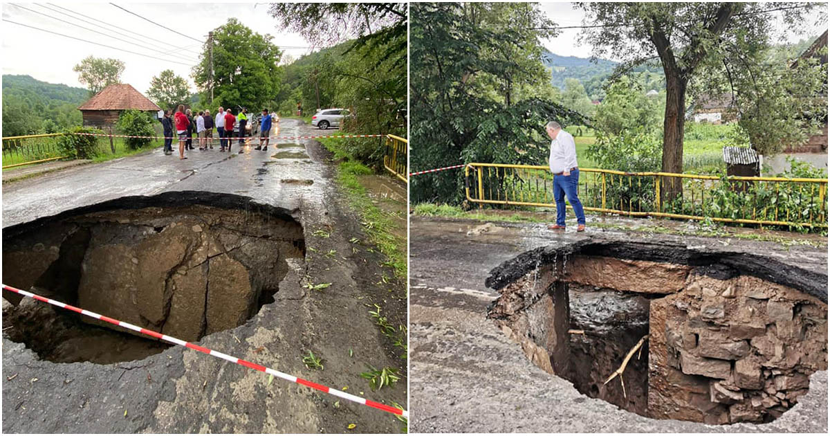 FOTOGALERIE. Crater uriaș pe un drum național în Maramureș. Localitățile au fost sub Cod roșu de furtună