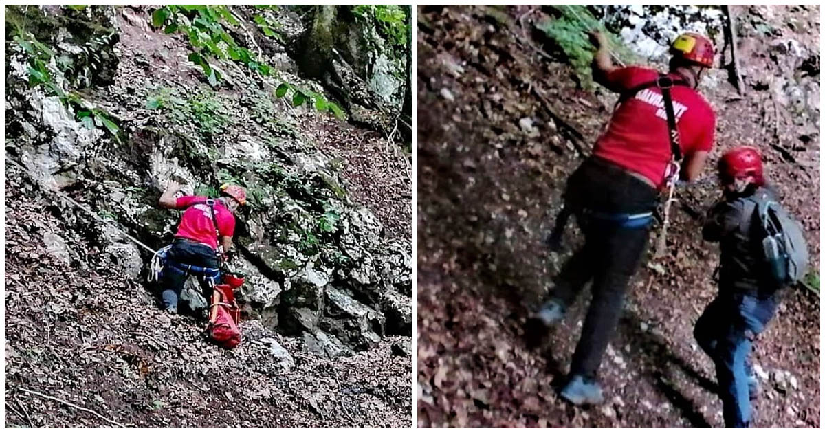 FOTO.Turistă din Satu Mare, salvată de salvamontiştii din județul vecin. A alunecat într-o râpă